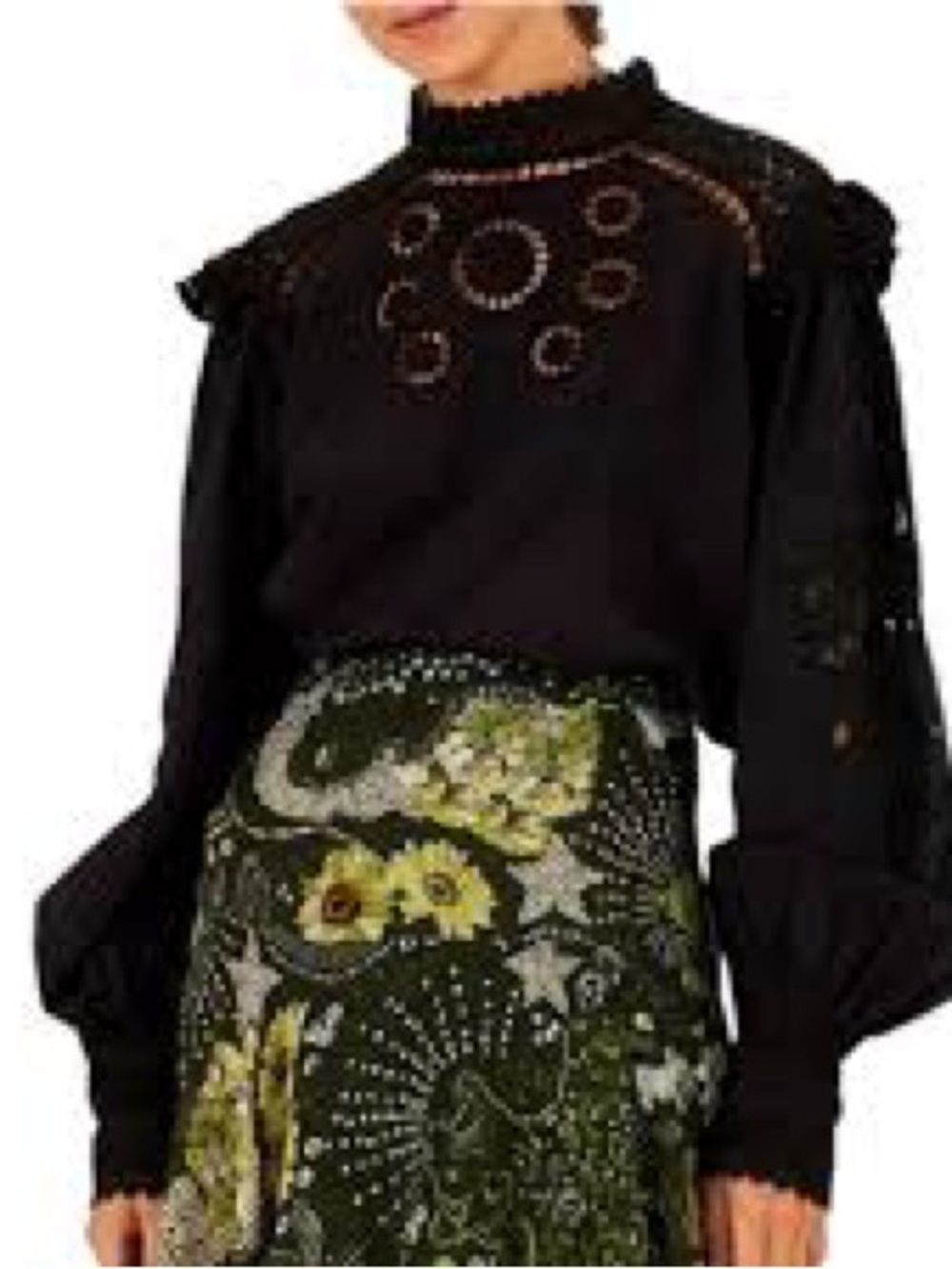 FARM Rio Black Eyelet Long Sleeve Top with Lace Shoulders